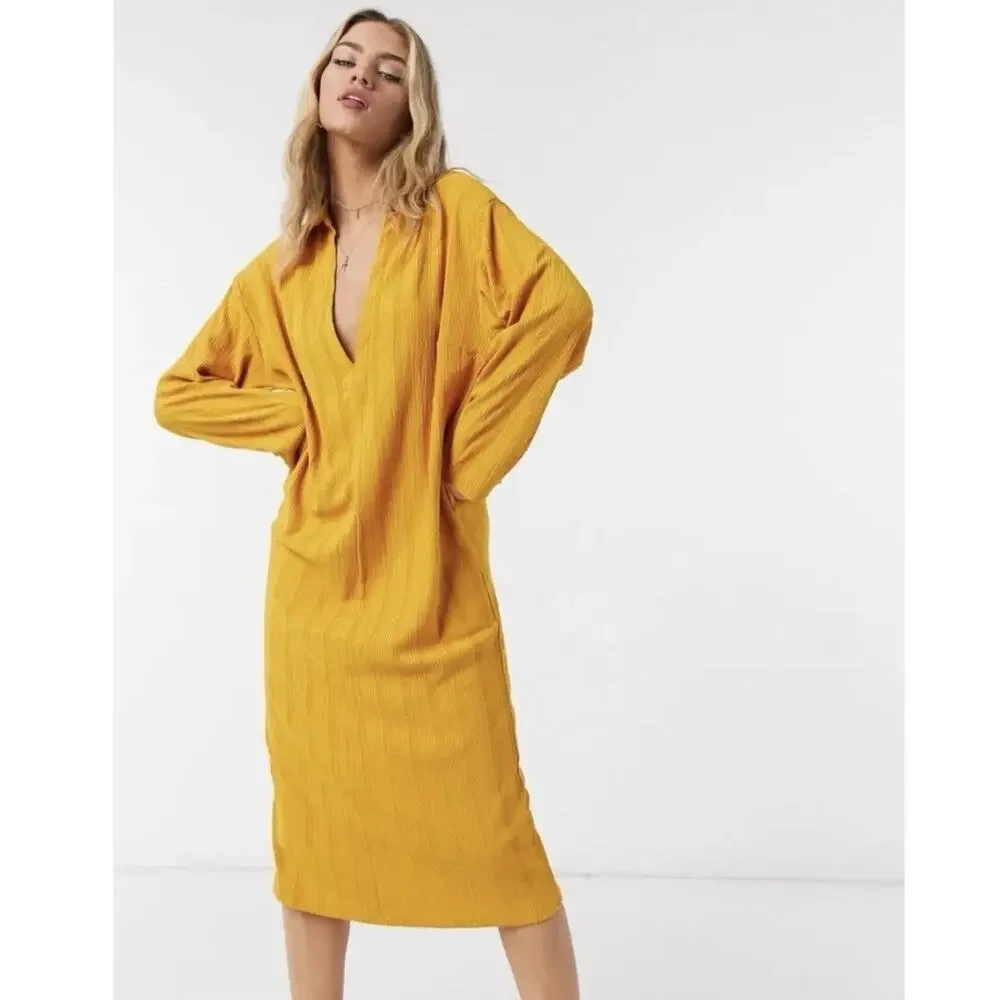 Free People FP Beach Midi Dress sz XS Collared Gold Yellow Long Sleeve *FLAW